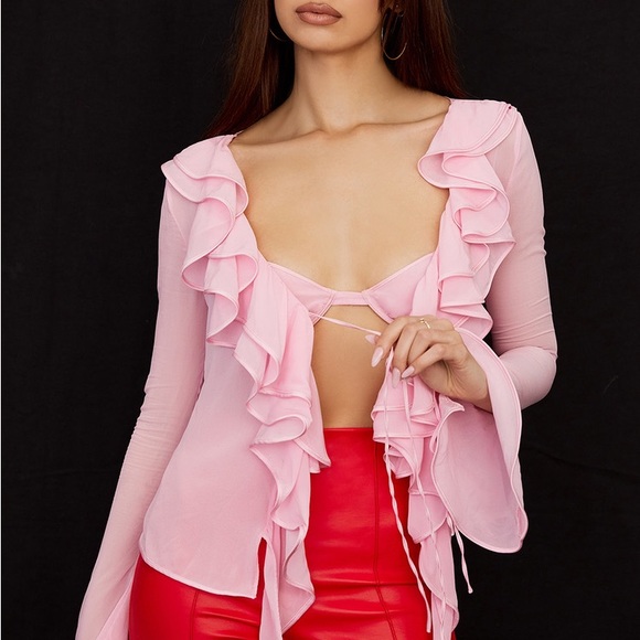 House of CB AALIYAH FAIRY PINK REAL SILK CHIFFON RUFFLE TOP & BRALET - Picture 10 of 11